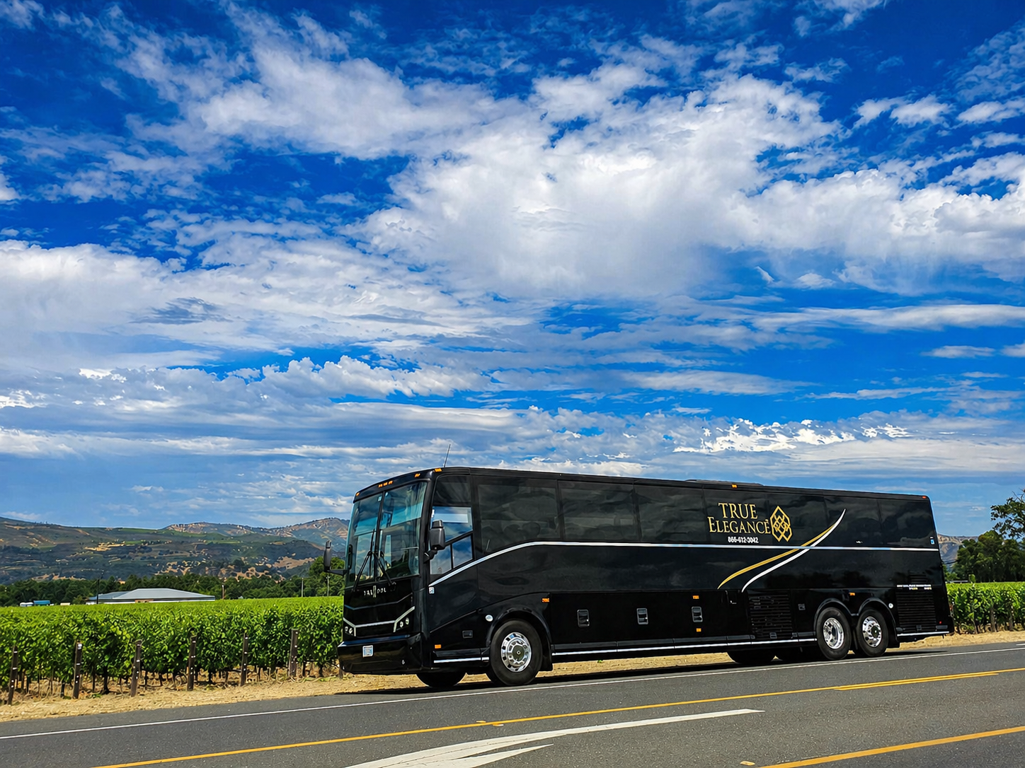 True Elegance motorcoach on a Napa Valley wine country road